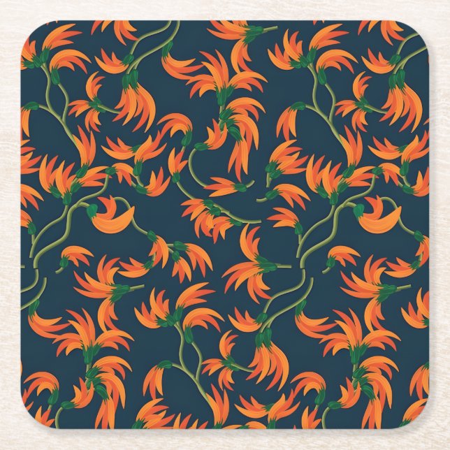  Flowing Orange Floral Pattern Square Paper Coaster (Front)