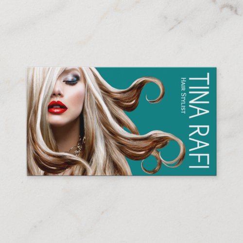 Flowing Tresses Hair Stylist blonde  teal Business Card