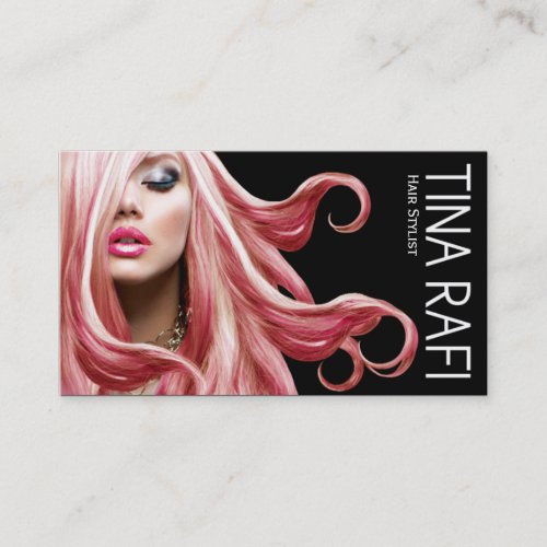 Flowing Tresses Hair Stylist pink hair  black Business Card