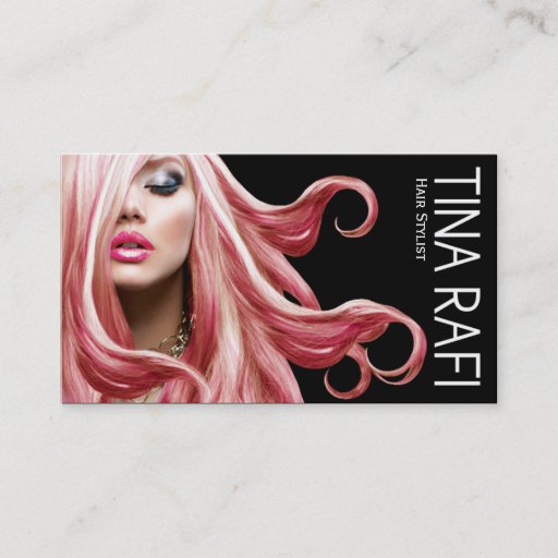 Customizable Flowing Tresses Hair Stylist pink hair | black Business Card