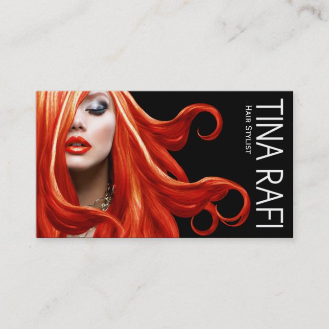 Flowing Tresses Hair Stylist redhead | black Business Card (Front)