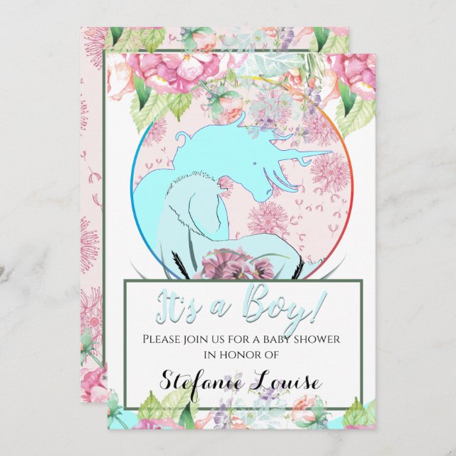 Flowing Unicorn blue It's a Boy! (flowers & dande) Invitation (Front/Back)