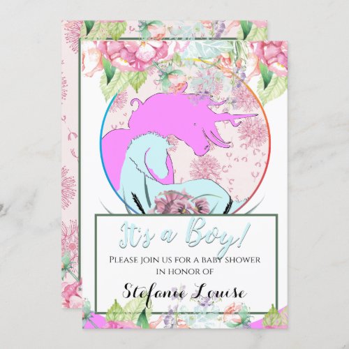 Flowing Unicorn Pink Its a Boy flowers dande Invitation