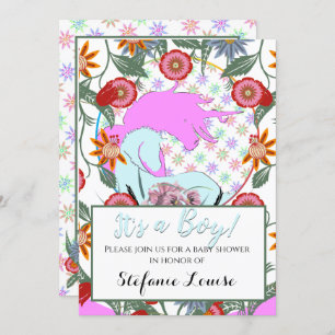 Flowing Unicorn Pink It's a Boy! (flowers & pink) Invitation