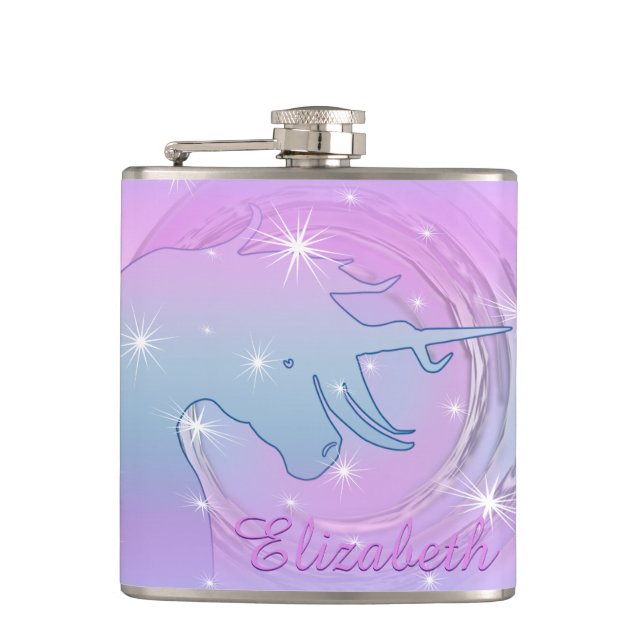 Flowing Unicorn Silhouette (pink swirly moon) Flask (Front)