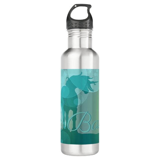 Flowing Unicorn Silhouette (teal w/teal bubbles) Stainless Steel Water Bottle (Front)