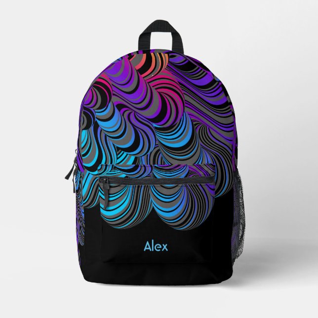 Flowing Waves of Blue, Purple & Gray on Black  Printed Backpack (Front)