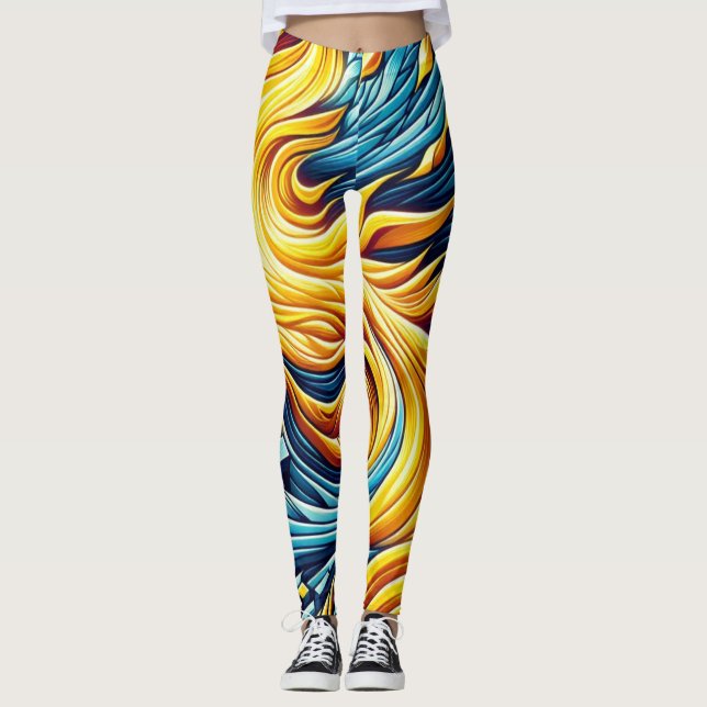 Flowing Yellow Fire Ice Geometric Pattern Leggings (Front)