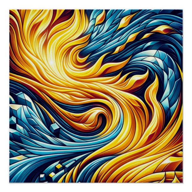 Flowing Yellow Fire Ice Geometric Pattern Poster (Front)