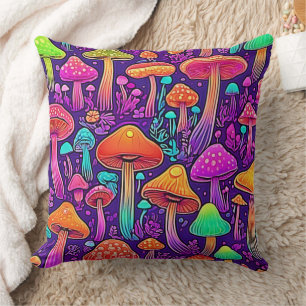 Flowy Neon Mushrooms Dance Throw Pillow
