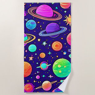 Flowy Neons: Planets & Stars Beach Towel