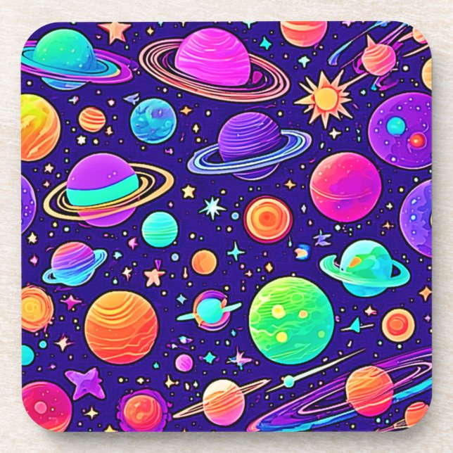 Flowy Neons: Planets & Stars Beverage Coaster (Front)