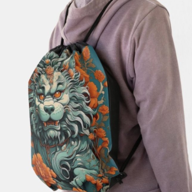 Flu Lion of Wisdom Drawstring Bag (Lion Head  drawstring bag 100% polyester constructed with reinforced black trim,  solid black back. )