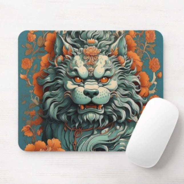 Flu Lion of Wisdom  Mouse Pad (Asian Lion Head mouse pad durable dust and stain resistant.  9.25"l x 7.75"w. Non-slip rubber.)