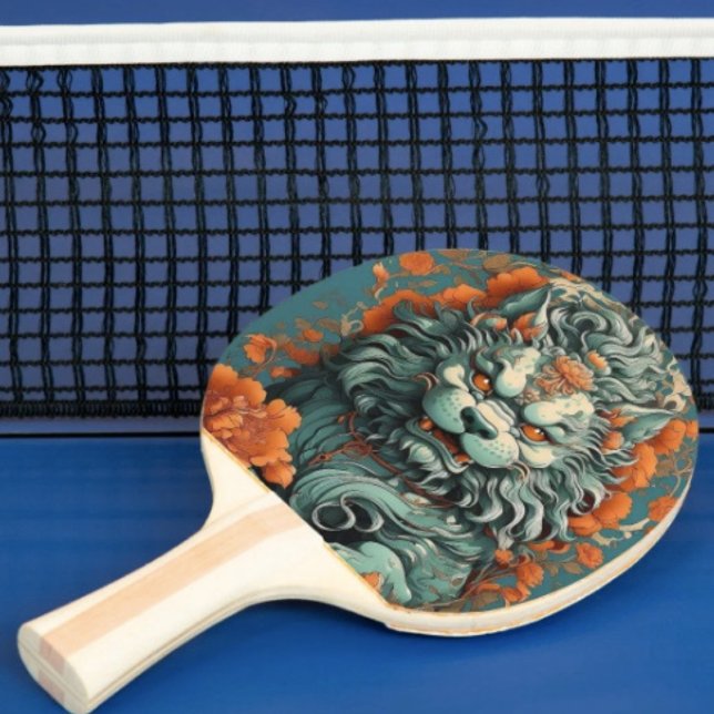 Flu Lion of Wisdom  Ping Pong Paddle (Asian Lion Head  6"x 6.25"strike pad. Ergonomic handle quality laminated hardwood.)