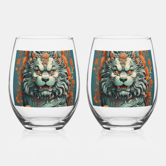 Flu Lion of Wisdom    Stemless Wine Glass (Front)