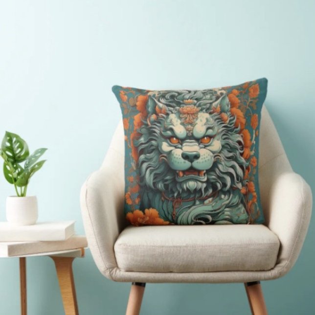 Flu Lion of Wisdom  Throw Pillow (Asian Lion Head  pillow high quality 100% polyester hidden zipper enclosure. Made in the USA. )