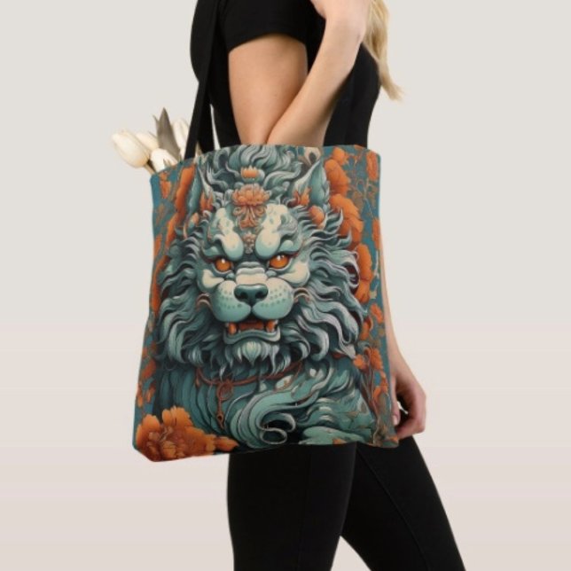 Flu Lion of Wisdom Tote Bag (Asian Lion Head Travel Tote Bag, laminated lining for extra support.  Made in the USA. 
)