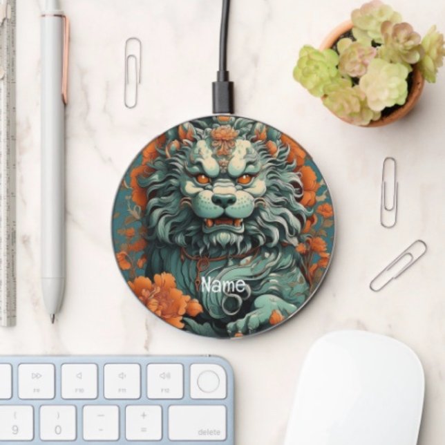 Flu Lion of Wisdom Wireless Charger (Asian Lion Head monogrammed phone charger 3.94" D, 0.314" H  48" Micro-B USB to USB-A cable
 10W.)