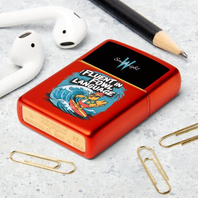Fluent in Fowl Language Cool Rooster Surfing Zippo Lighter (On Table 2)