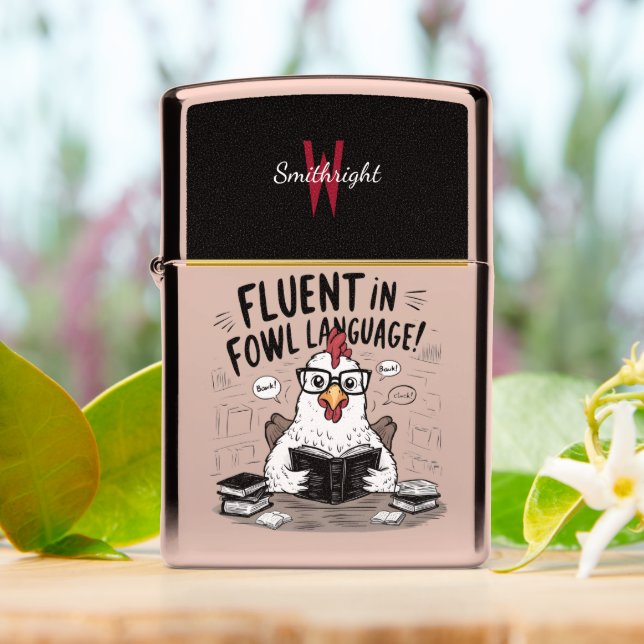 Fluent in Fowl Language The Bookish Hens Library Zippo Lighter (On Table)