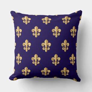 Fluer De Lis Blue and Gold Throw Pillow