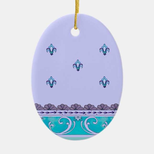 Fluer De Lis Blue Swirl Design Ceramic Ornament (Front)
