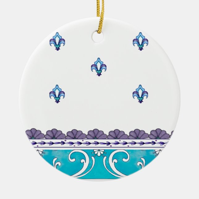 Fluer De Lis Blue Swirl Design Ceramic Ornament (Front)