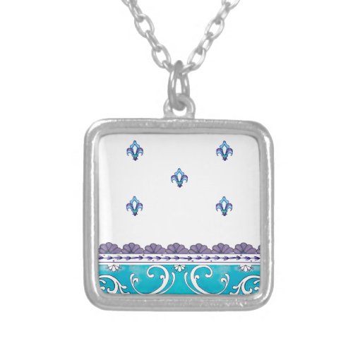 Fluer De Lis Blue Swirl Design Silver Plated Necklace