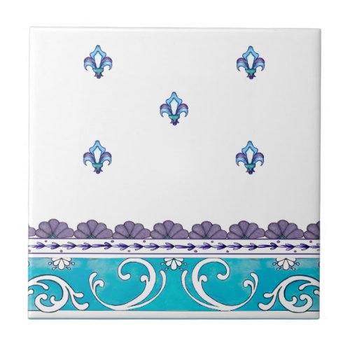 Fluer De Lis Blue Swirl Design Tile