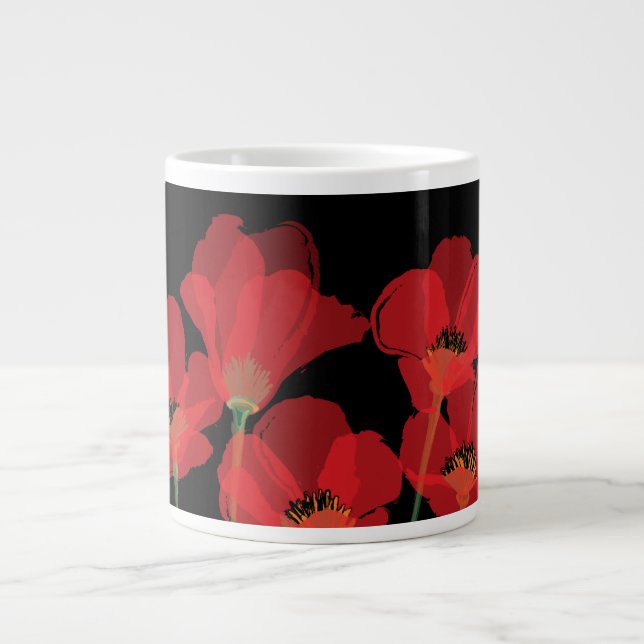 Fluers de Pavot Rouge sur Noir Large Coffee Mug (Front)