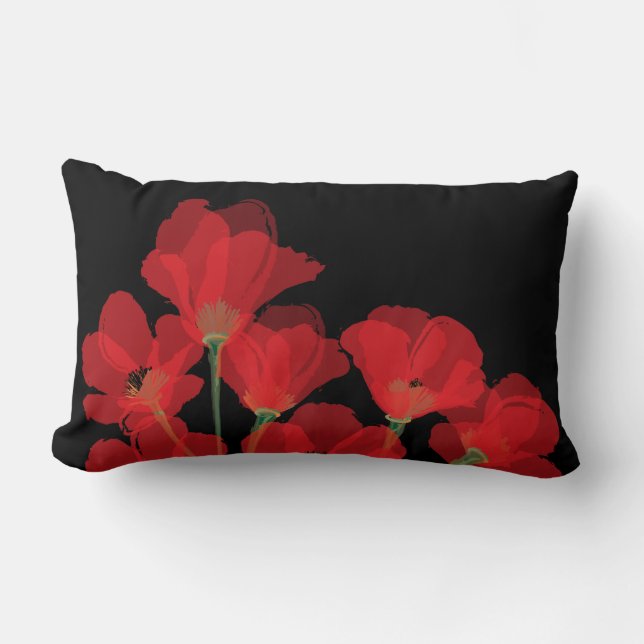 Fluers de Pavot Rouge sur Noir Lumbar Pillow (Front)