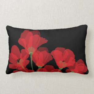 Fluers de Pavot Rouge sur Noir Lumbar Pillow