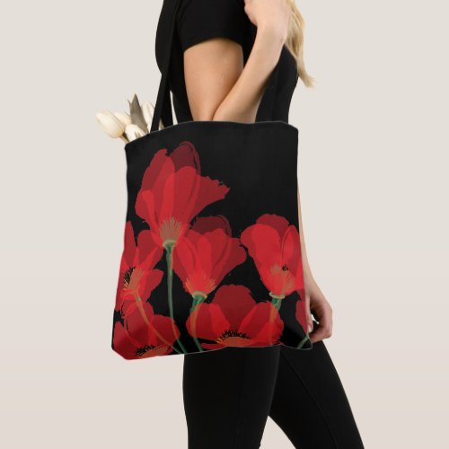 Fluers de Pavot Rouge sur Noir Tote Bag