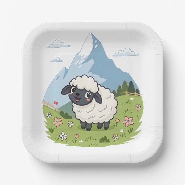 Fluffiest Lawn Mower – Adorable Blacknose Sheep Paper Plates (Front)