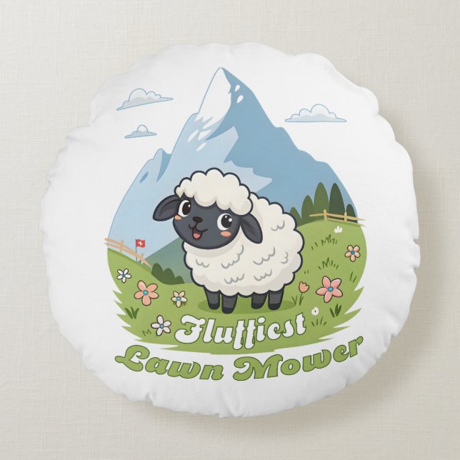 Fluffiest Lawn Mower – Adorable Blacknose Sheep Round Pillow (Front)