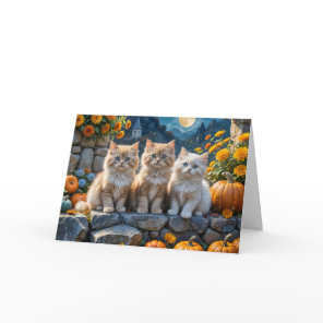 Fluffy Autumn Kittens Pumpkins and Flowers Card