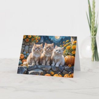 Fluffy Autumn Kittens Pumpkins and Flowers Card