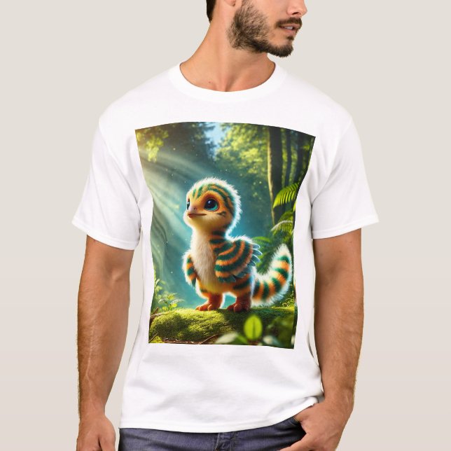 Fluffy Baby Dinosaur in a Magical Forest" T-Shirt (Front)