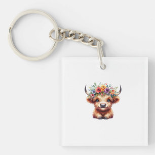 Fluffy Baby Highland Cow with Floral Crown – Cute Keychain