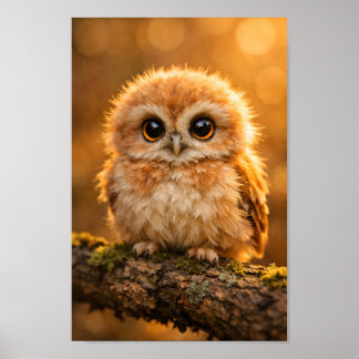 Fluffy Baby Owl on Branch Forest Wildlife Nursery Poster