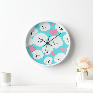 Fluffy Bichon and Hearts Clock