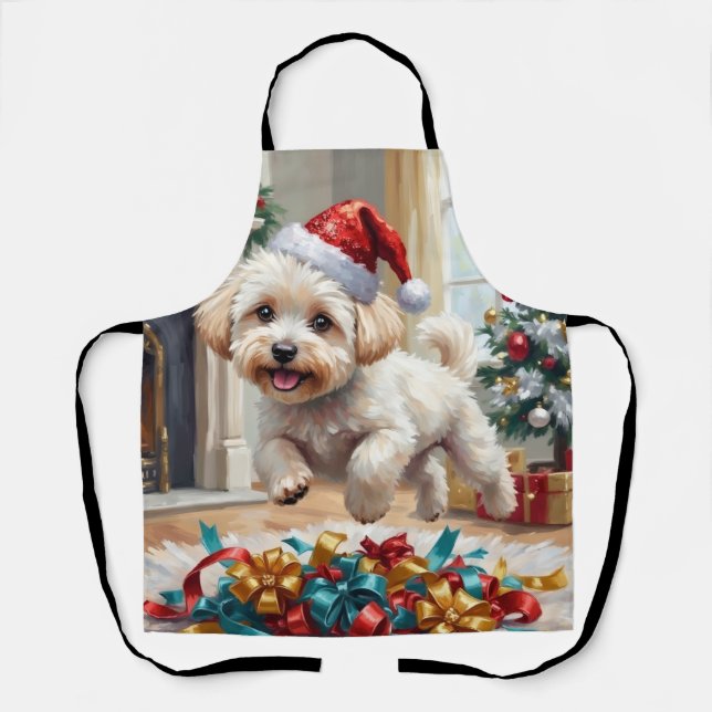 Fluffy Bichon Frise Dog Joyful Christmas Apron (Front)