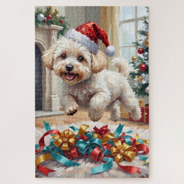 Fluffy Bichon Frise Dog Joyful Christmas Jigsaw Puzzle (Vertical)