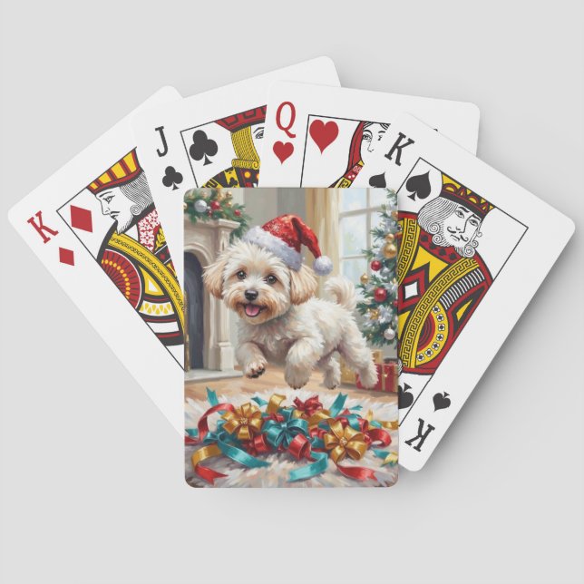 Fluffy Bichon Frise Dog Joyful Christmas Poker Cards (Back)