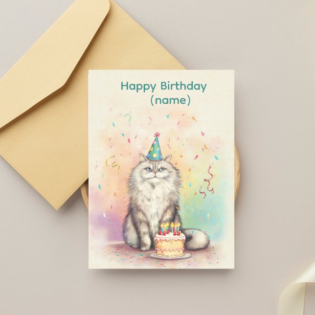 Fluffy Birthday Cat – Party Hat Cat with Cake Postcard (Creator Uploaded)