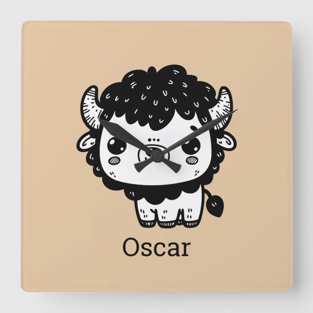 Fluffy Bison Baby - Kawaii Farm Animal Art Square Wall Clock (Front)