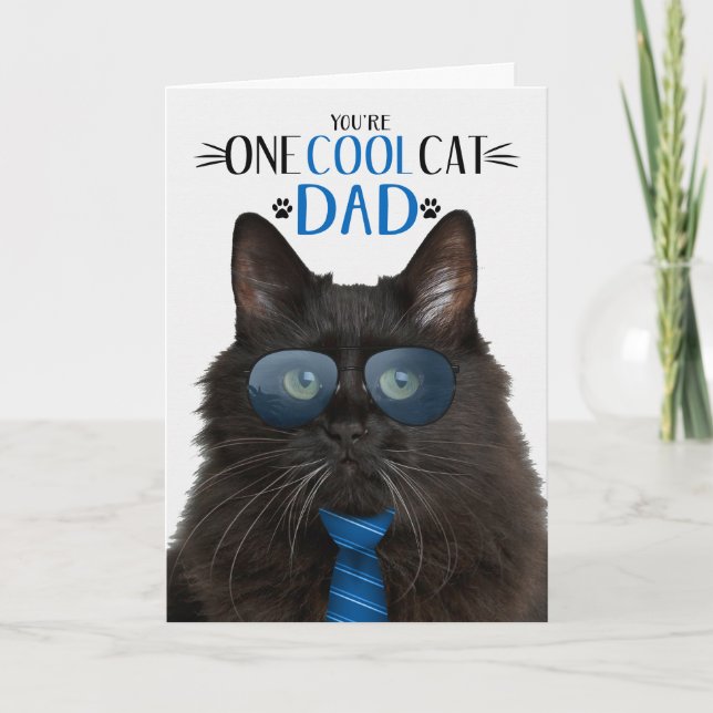 Fluffy Black Cat Father's Day One Cool Cat Holiday Card (Front)