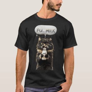 Fluffy Black Cat Humorously Enjoys Milk Bottle T-Shirt