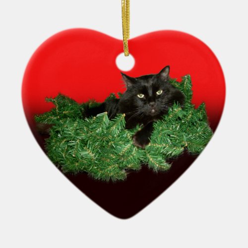 Fluffy Black Cat in Christmas Wreath Ceramic Ornament